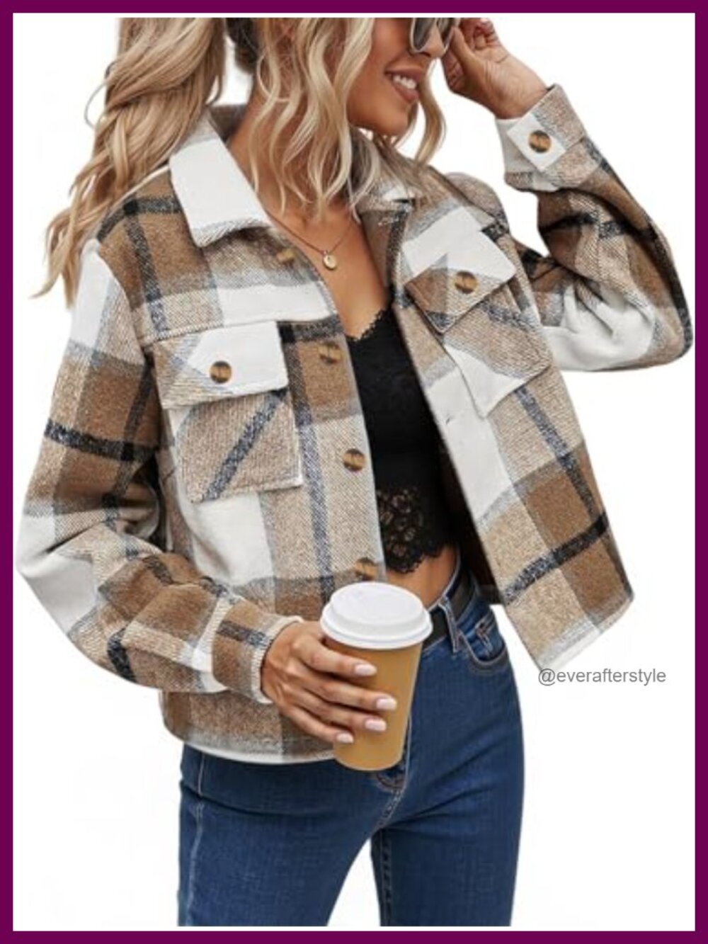Cropped Plaid Button Down Shacket Long Sleeve Casual Jacket